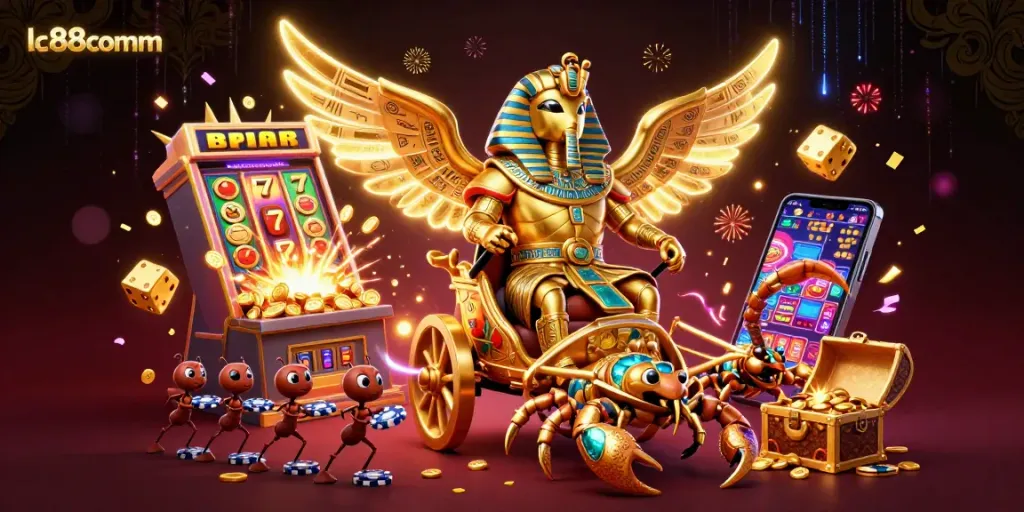 Experience exciting gameplay at lc88comm with a vibrant casino scene featuring a golden scarab and slot machines.