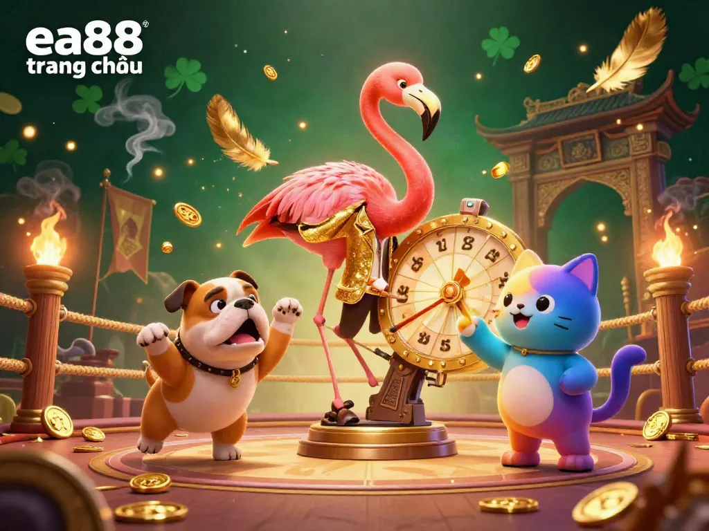 Experience excitement at ea88 trang chủ as a flamingo host spins the prize wheel amid golden coins and vibrant gambling elements.