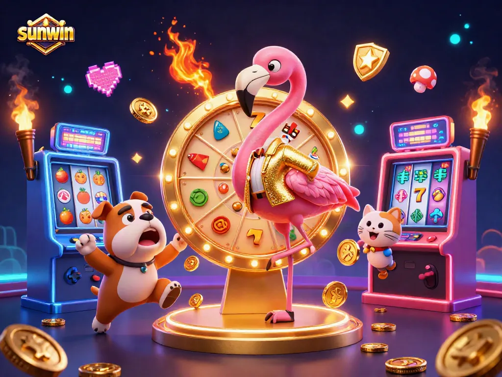Spin the sunwin prize wheel with a lively flamingo host and excited bulldog contestant in this vibrant casino scene.