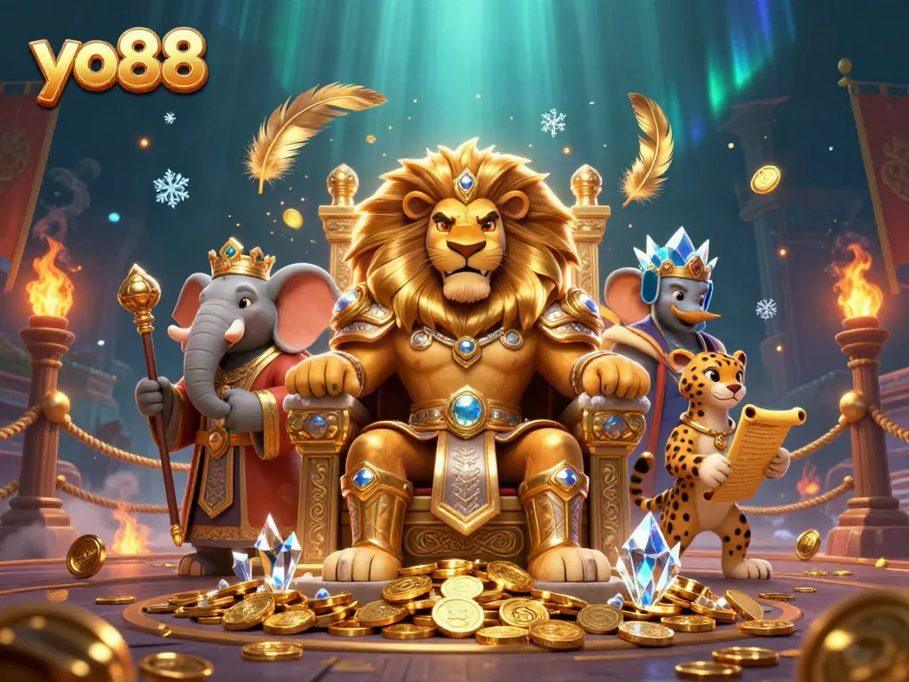Experience the thrill of yo88 casino with a royal lion, wise elephant, and swift cheetah in a dynamic gaming scene.