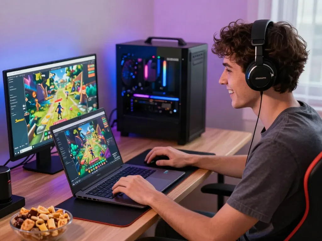 Joyful user engaging with Sunwin gaming platform on a laptop in a vibrant setup.
