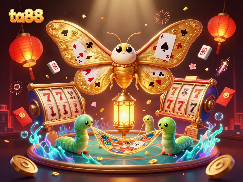 Play thrilling casino games like ta88 with enchanting imagery of slot reels and golden moth character.