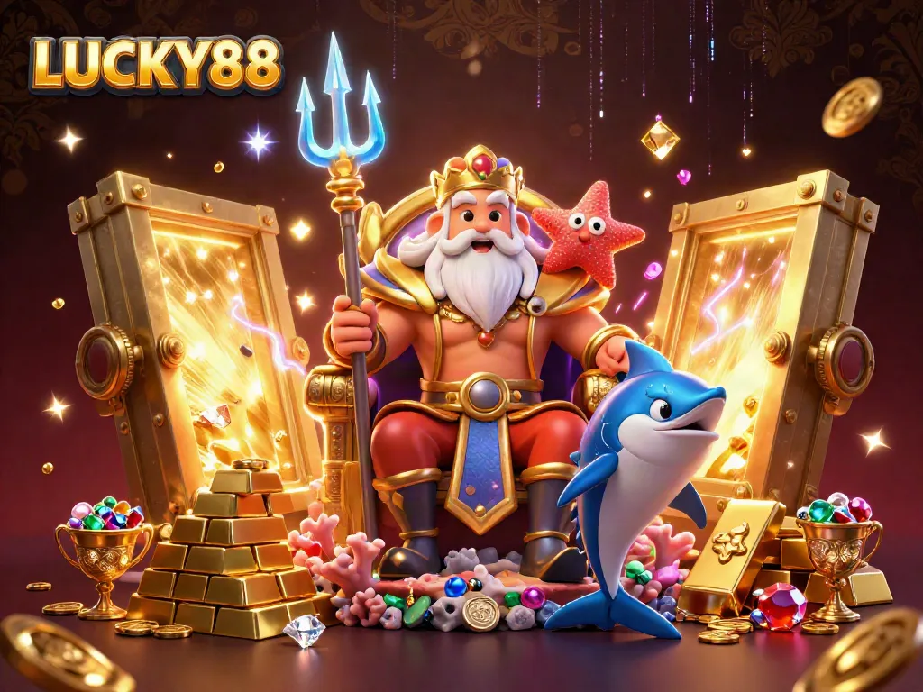 Experience thrilling gameplay with LUCKY88, featuring a vibrant sea king and treasures in this 3D illustration.