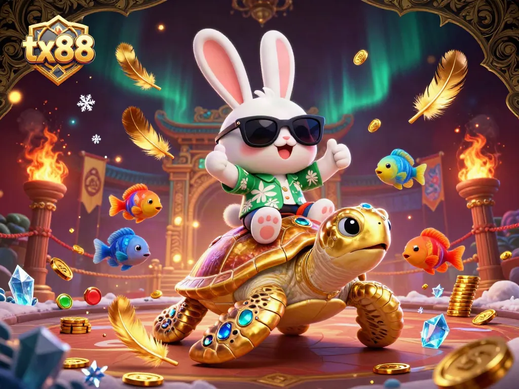 Immerse in the tx88 experience with a cartoon rabbit and golden turtle amidst vibrant casino elements.