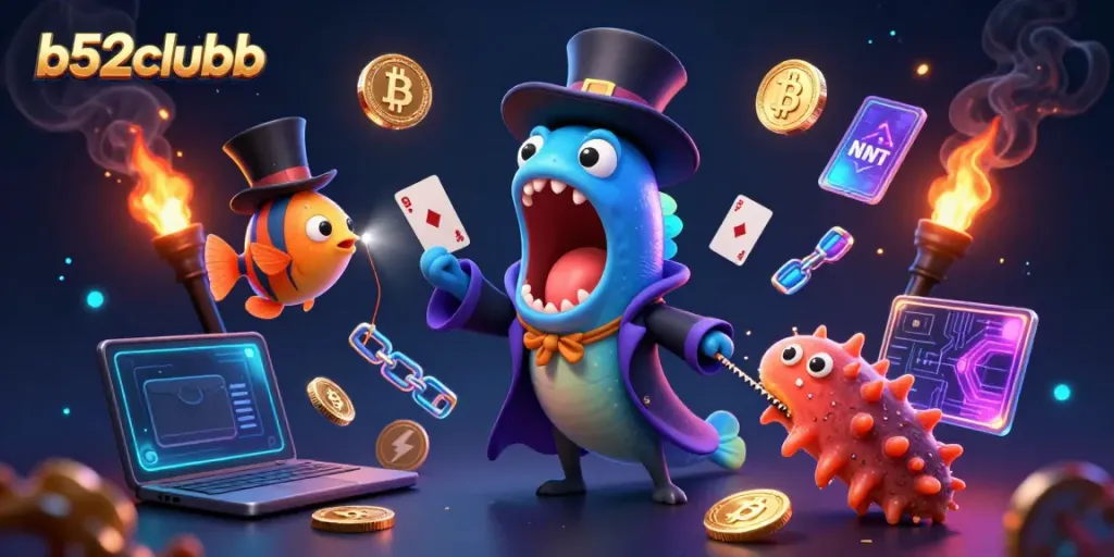 Engage with b52clubb's thrilling scene featuring a deep-sea eel magician and vibrant crypto elements.