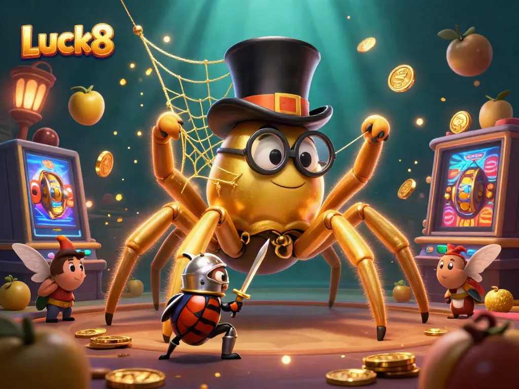 Engage with Luck8's exciting online casino world, featuring vibrant 3D characters and slot elements.