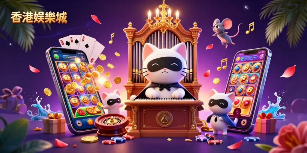 Experience thrilling games at 香港娛樂城 with a whimsical 3D illustration of a cat and mouse in a lively casino setting.