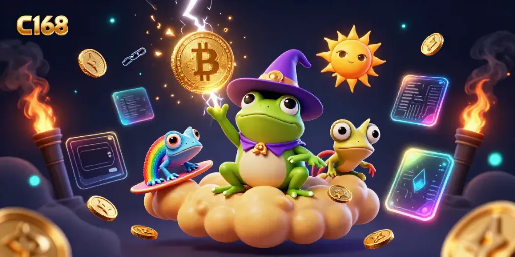 Experience thrilling wins at C168 with a cartoon wizard frog amid golden coins, crypto elements, and vibrant visuals