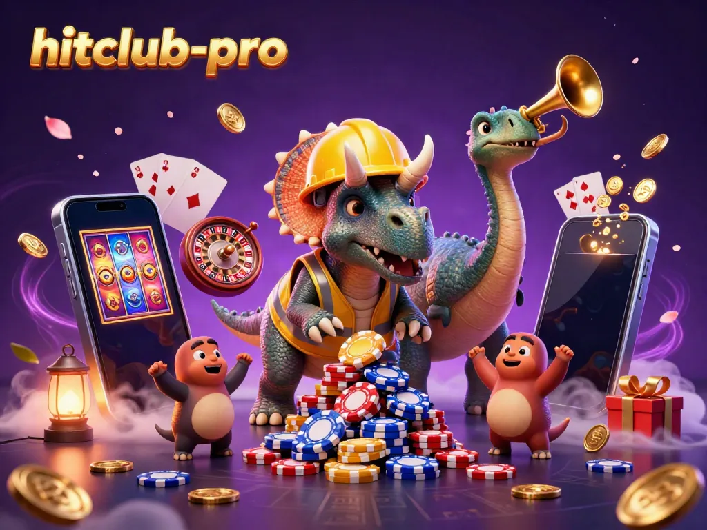 Engage in thrilling gaming action with hitclub-pro showcased by a celebrating duo of cartoony dinosaurses among casino elements.