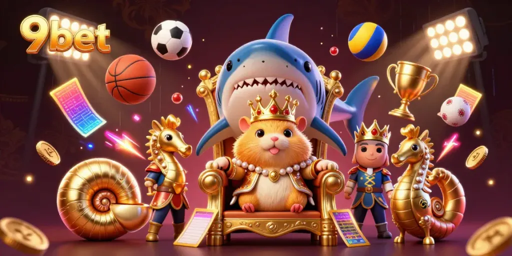 Immerse in the action-packed world of 9bet with dynamic sports betting elements and a royal hamster king.
