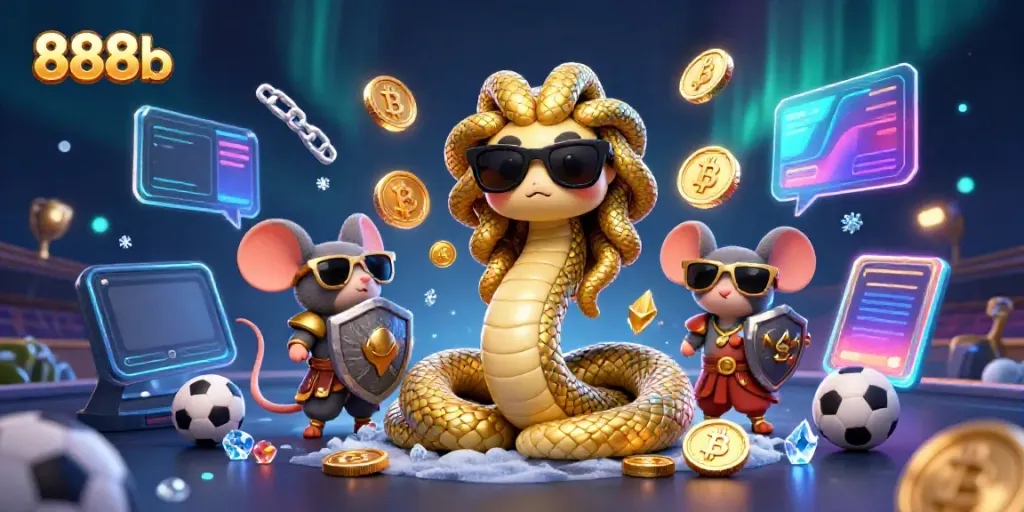 Bet on your favorite games with 888b, featuring vibrant Medusa and a warrior mouse in a colorful betting scene.