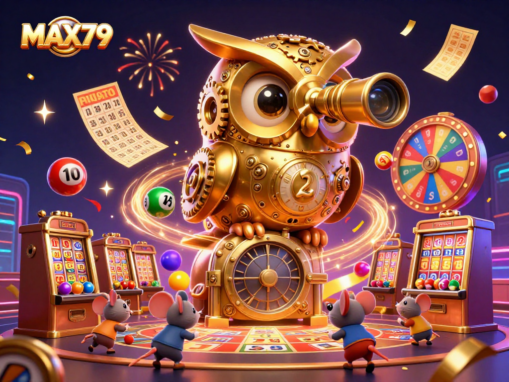 Experience the excitement of MAX79 with a vibrant illustration featuring a golden owl on a vault, dynamic lottery elements, and a lively casino scene.
