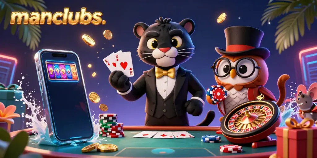 Experience the thrill of manclubs as the panther elegantly deals cards, surrounded by gambling elements.