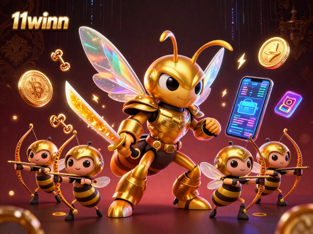 Engage with 11winn's vibrant casino scene featuring crypto coins amidst energetic characters.