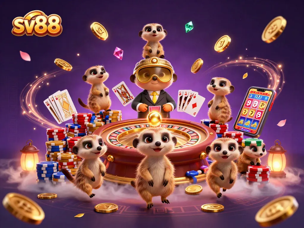 Experience excitement at sv88, with vibrant meerkats in a busy casino environment surrounded by games and gems.