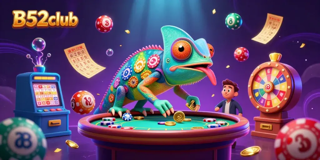 Engage with B52club's vibrant casino scene featuring an eye-catching chameleon owner and lively game elements.