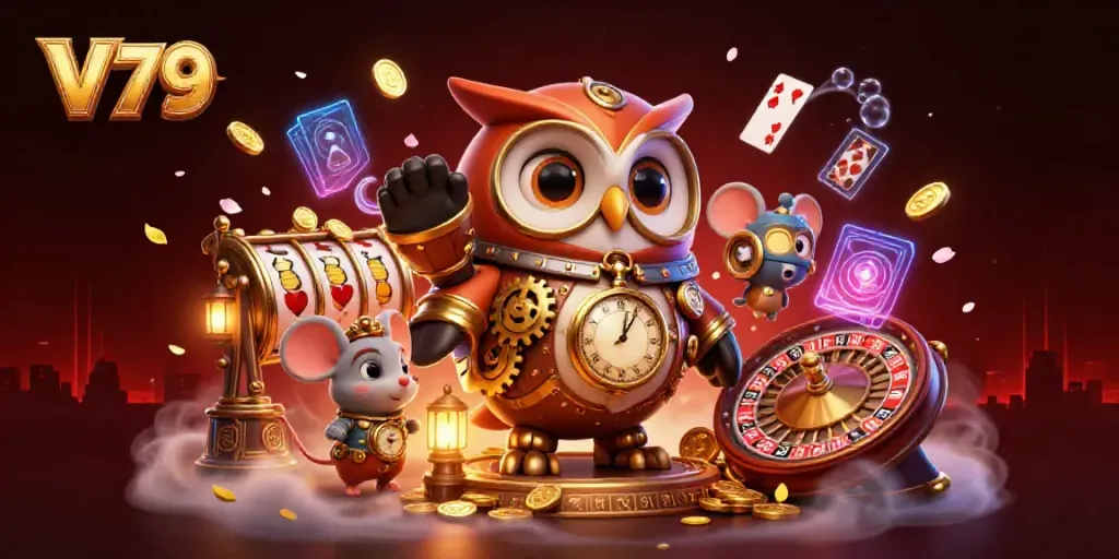 Experience vibrant gameplay at V79 with a 3D cartoon owl and thrilling slot elements amidst a dynamic casino setting.