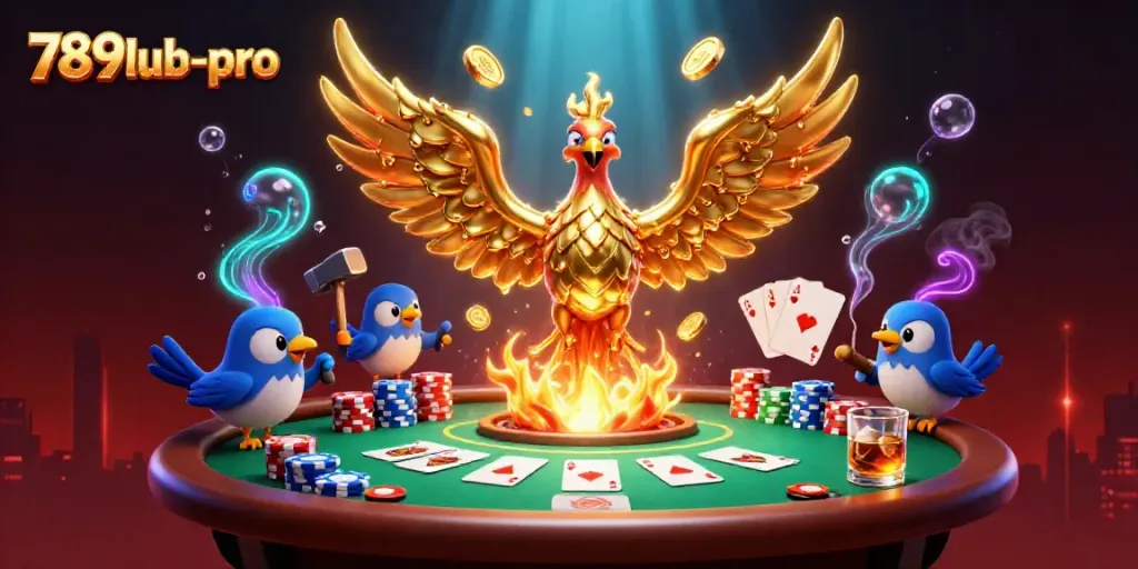 Experience the excitement of 789lub-pro as a golden phoenix transforms into coins, surrounded by vibrant casino elements.