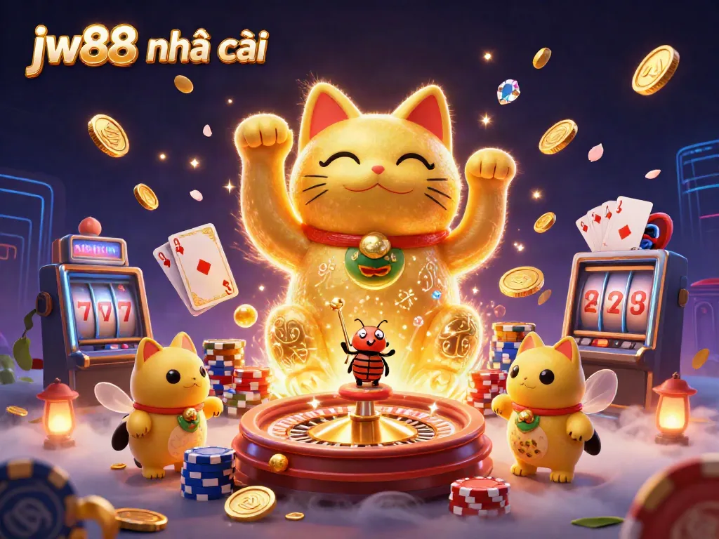 Engage with jw88 nhà cái through a vibrant, dynamic 3D casino illustration showcasing exciting game elements.