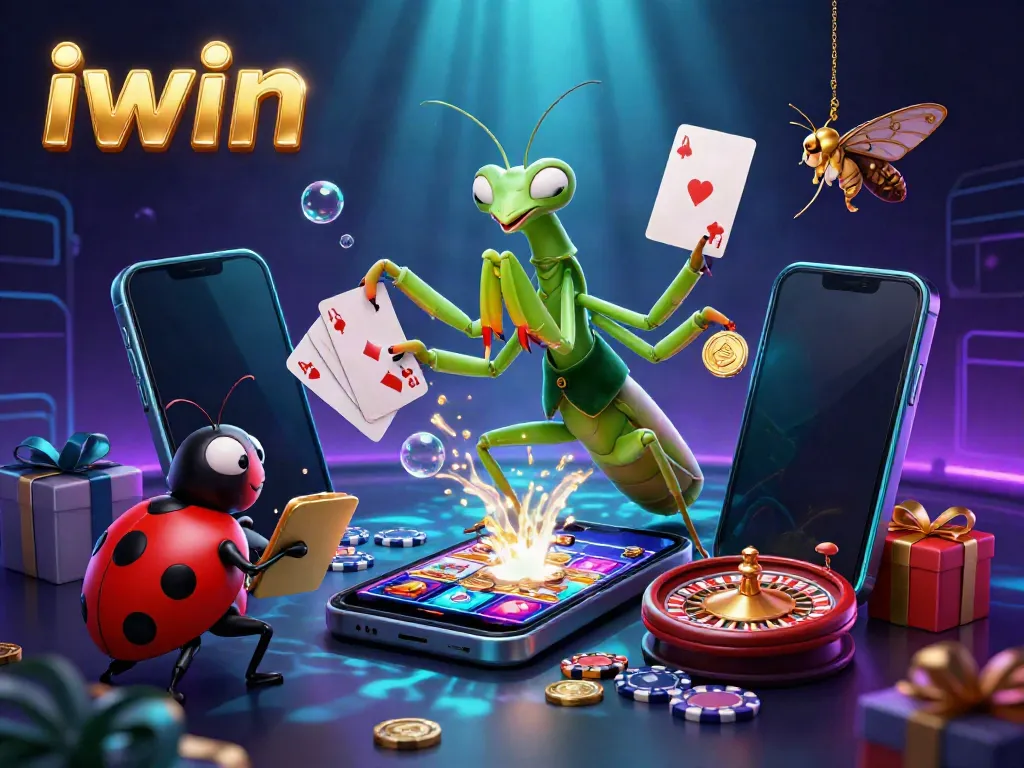 Engage with the exciting iwin scene as a giant praying mantis deals cards while a ladybug oversees the action.