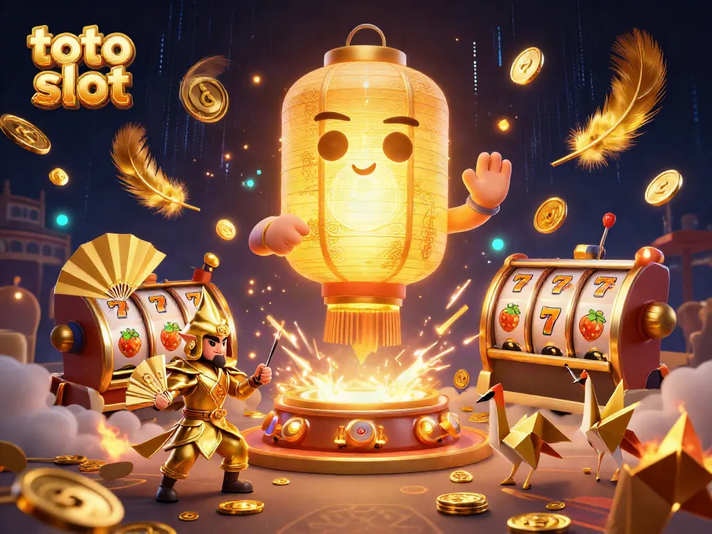 Spin the reels and win with toto slot in a vibrant night market casino scene.