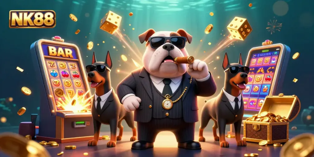 Engage with thrilling NK88 action featuring our mascot bulldog and intense casino elements.