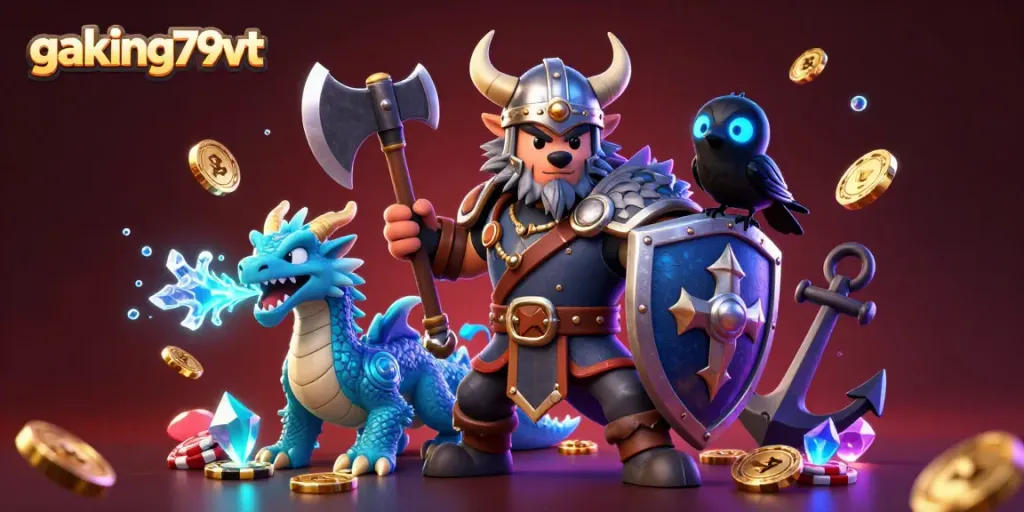 Join the action at gaking79vt with a Viking wolf warrior, fierce dragon, and glowing raven in a dynamic casino-themed scene.