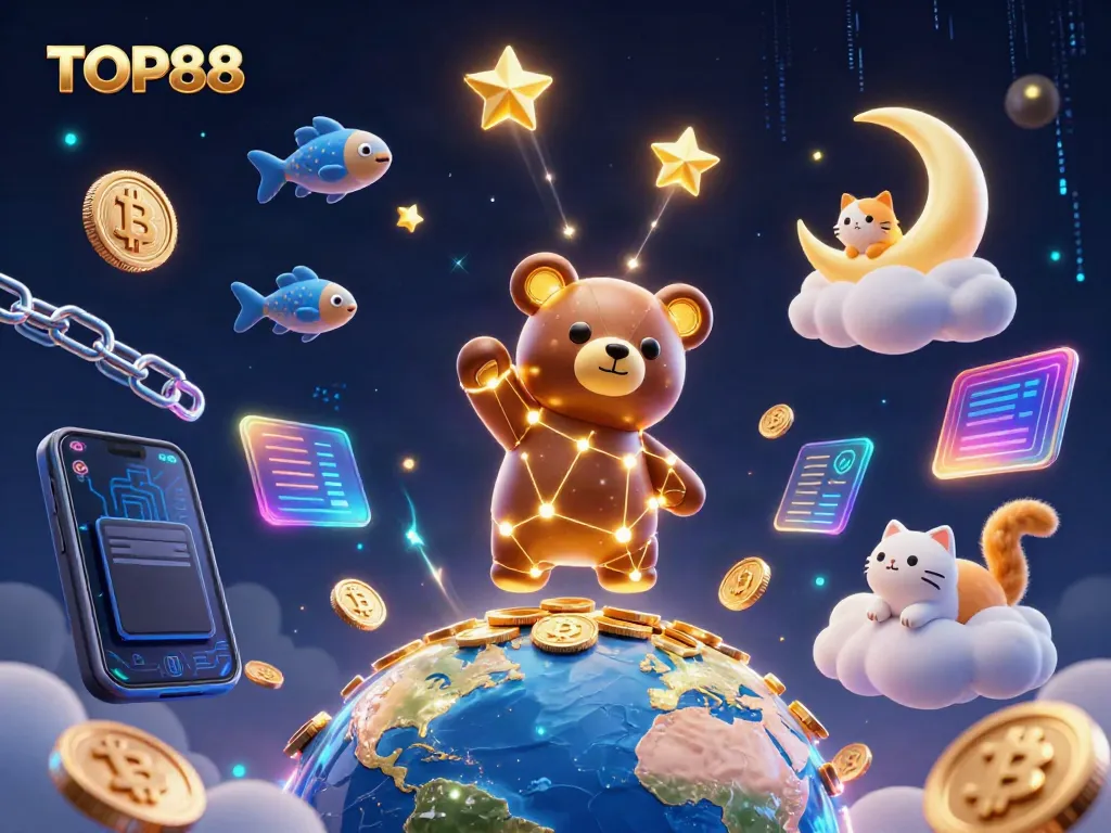 Engage with the vibrant world of TOP88, where stars scoop gold coins amidst digital currency elements.