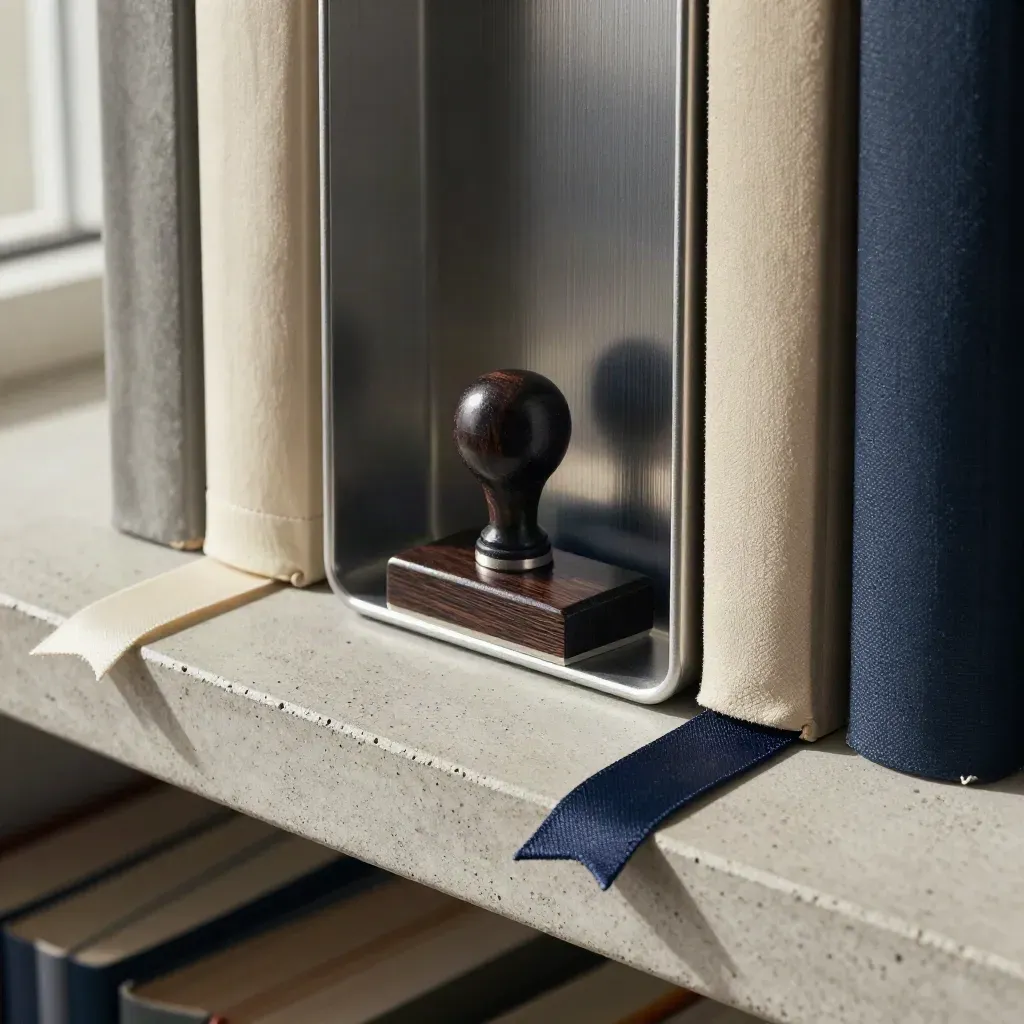 Książkowe akcesoria biblioteczne: stempel zwrotny, zakładki z tkaniny i metalowy separator na betonie.