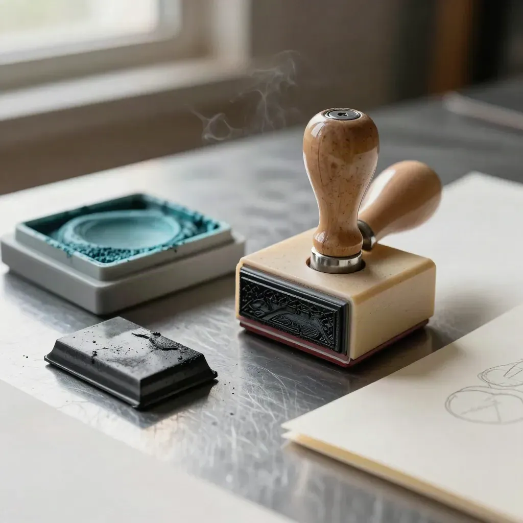 Stempel, tusz i złożony papier na metalowym blacie w artystycznej pracowni.