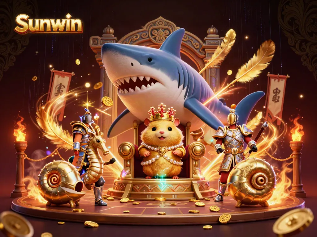 Experience Sunwin gaming with a fierce golden hamster king and royal guardians in a dynamic casino arena.