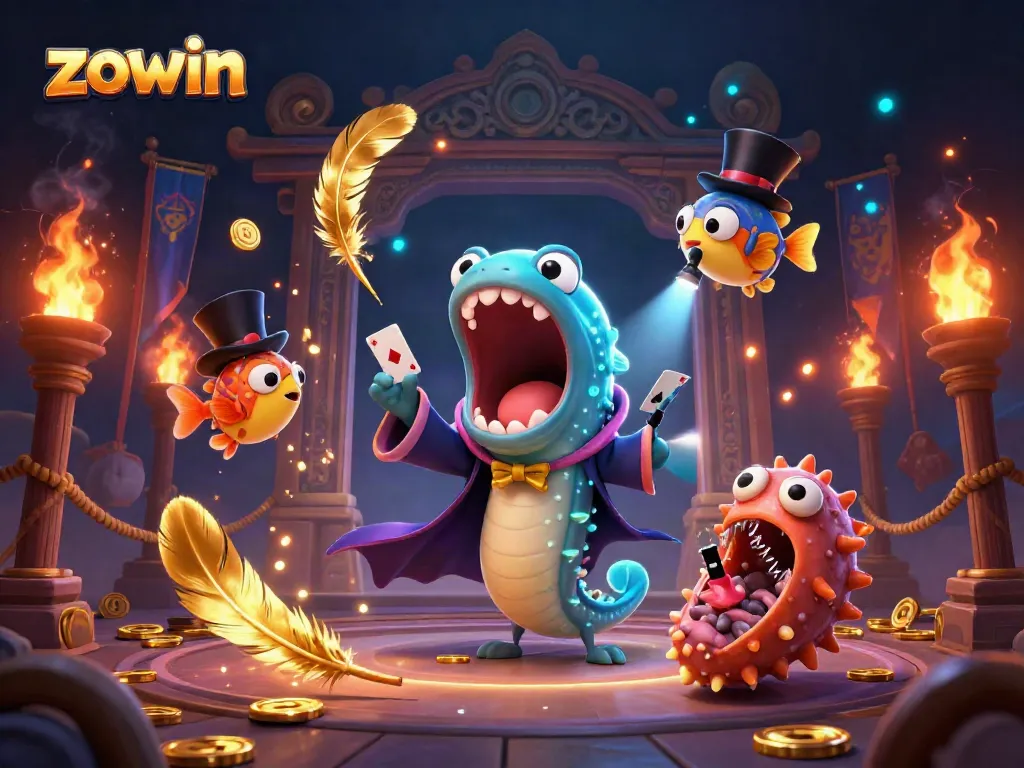 Immerse in Zowin's magic with a bioluminescent eel performing card tricks alongside an anglerfish spotlight and dancing flames.