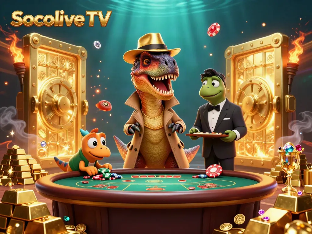 Experience Socolive TV with a velociraptor in disguise at a blackjack table surrounded by treasure.