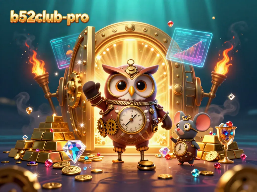 Engage with b52club-pro's vibrant casino scene featuring a steampunk owl and treasures galore.