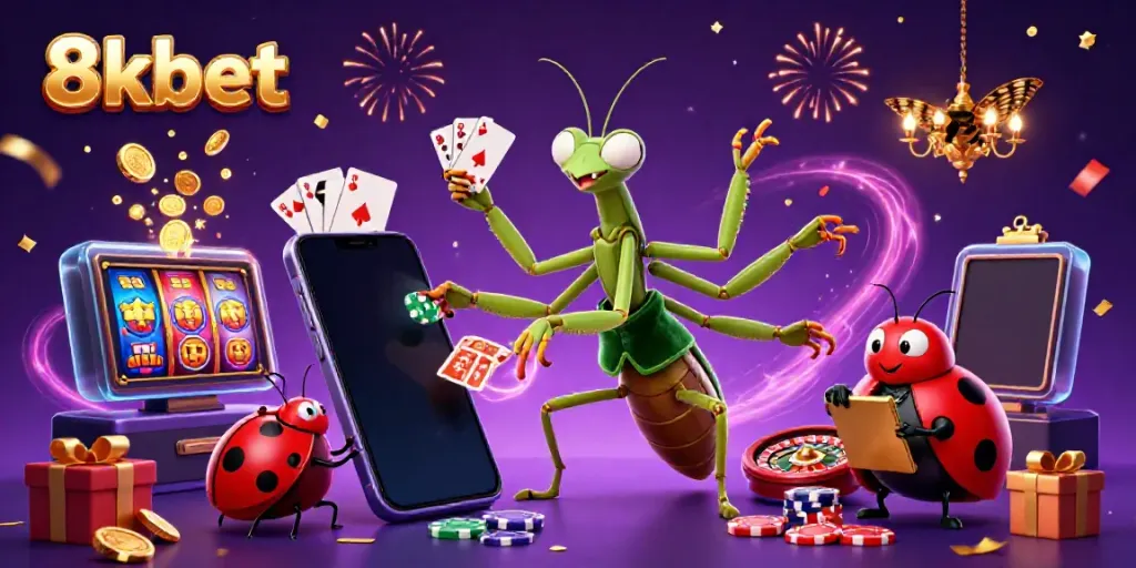 Experience the vibrant energy of 8xbet with a giant praying mantis card sharp, a ladybug pit boss, and dazzling game elements.