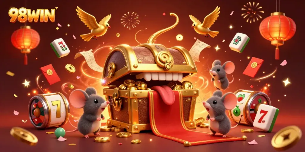 Engage with the treasures of 98WIN, showcasing vibrant casino elements with golden 3D characters.