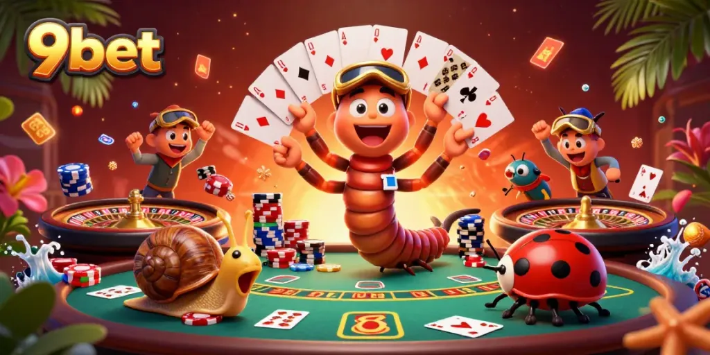 Engage with 9bet's lively millipede dealer and high-rollers in a colorful casino scene.