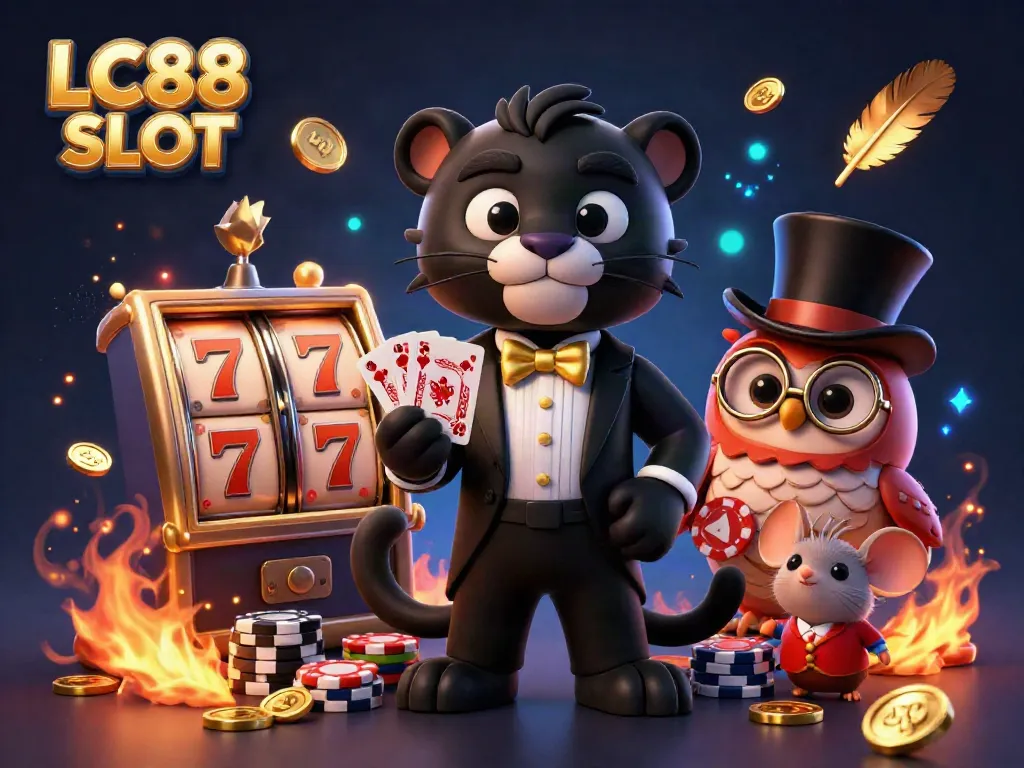 Engage with LC88 SLOT as the panther deals cards in a dynamic casino scene filled with slot reels and vibrant effects.