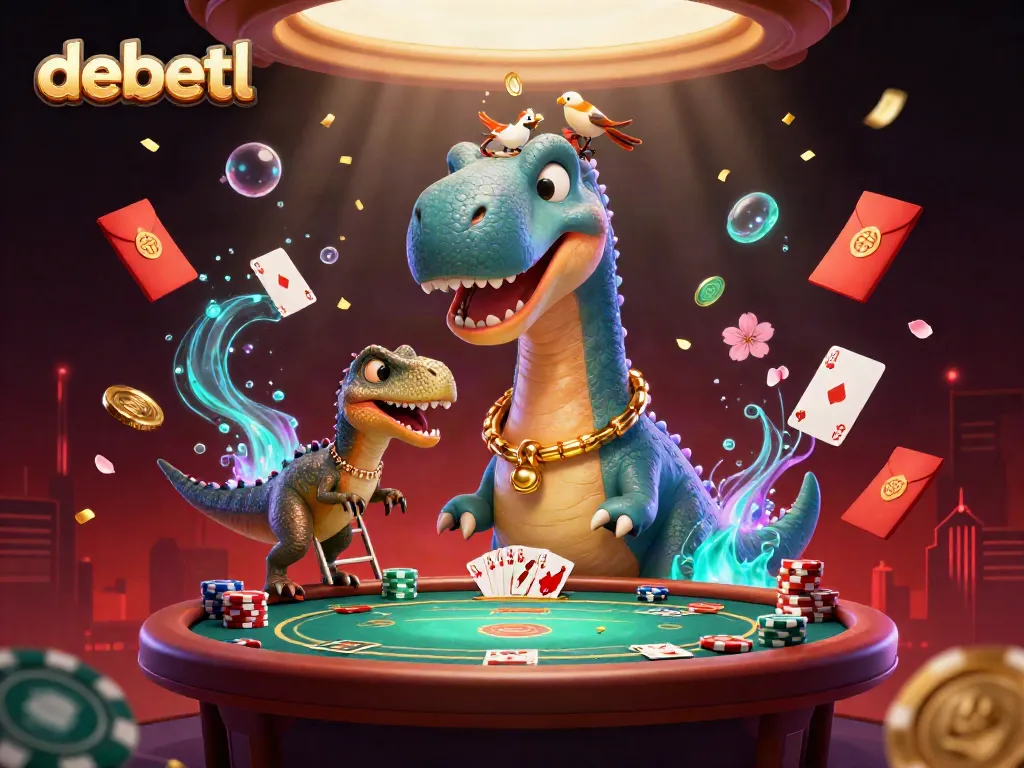 Experience thrilling poker action with debetl at a whimsical dinosaur-themed casino table!