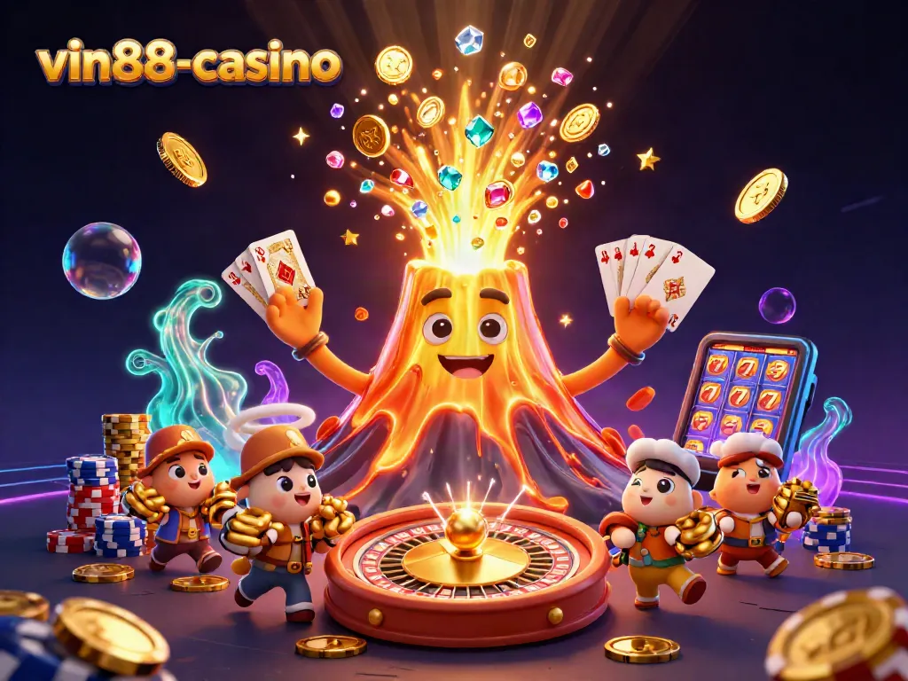Play exciting games with vin88-casino, featuring dynamo characters amidst cascading coins and vivid casino elements.