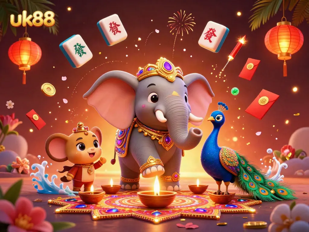 Experience thrilling gameplay at uk88 with an ornate Diwali-themed elephant alongside vibrant casino symbols.