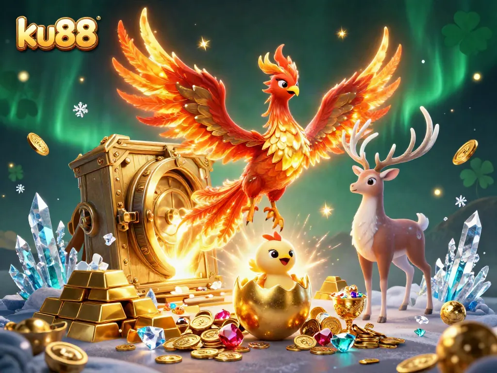 Engage in thrilling online gaming at ku88 with a dazzling 3D phoenix and treasures.