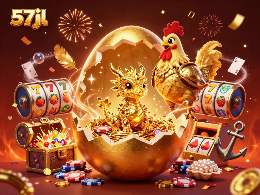 Experience the thrill of 57jl with a golden dragon and vibrant slot elements in a colorful casino scene.