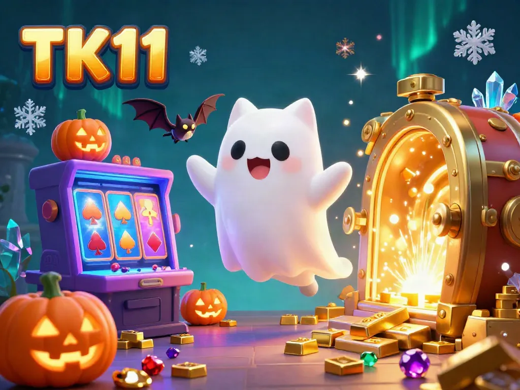 Engage in the excitement of TK11 with a ghost cat and vampire bat in a vibrant casino atmosphere.