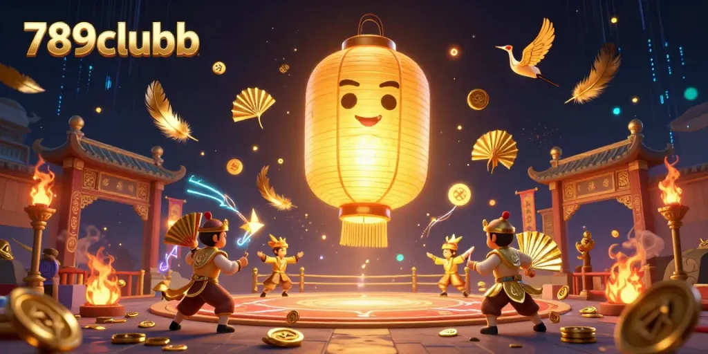 Experience excitement at the 789clubb casino with a vibrant scene showcasing a golden lantern spirit, dancers, and lucky symbols.