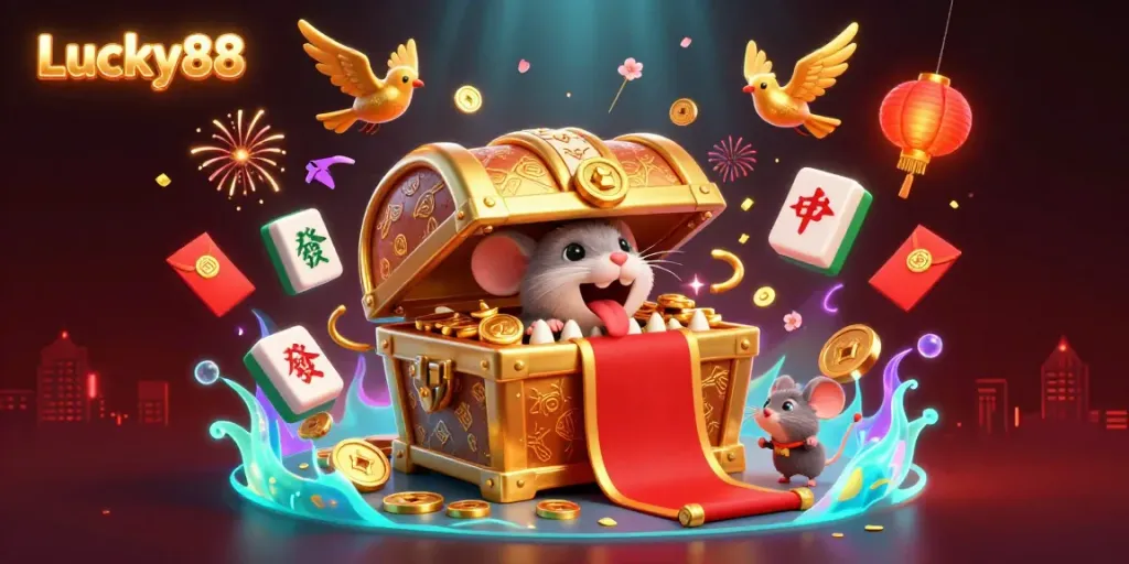 Engage with Lucky88's treasure in a vibrant casino-themed 3D illustration capturing excitement and wealth.