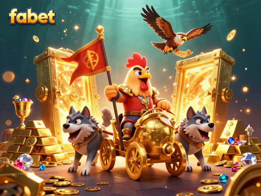 Experience the thrill of fabet as the rooster warlord leads a golden chariot in a captivating casino scene.
