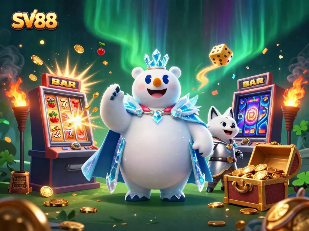 Play casino games with SV88, featuring a cartoon polar bear and fox surrounded by slot machines and casino elements.