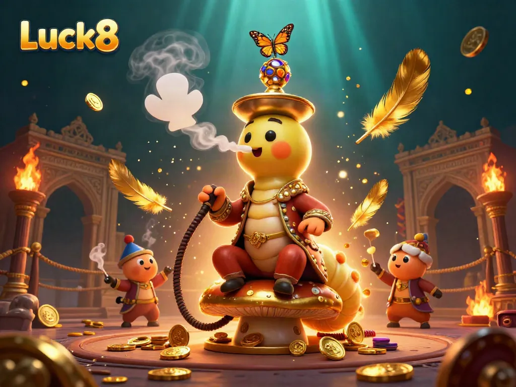 Experience the vibrant ambiance of Luck8 with a captivating 3D illustration showcasing a playful caterpillar and dynamic casino elements.
