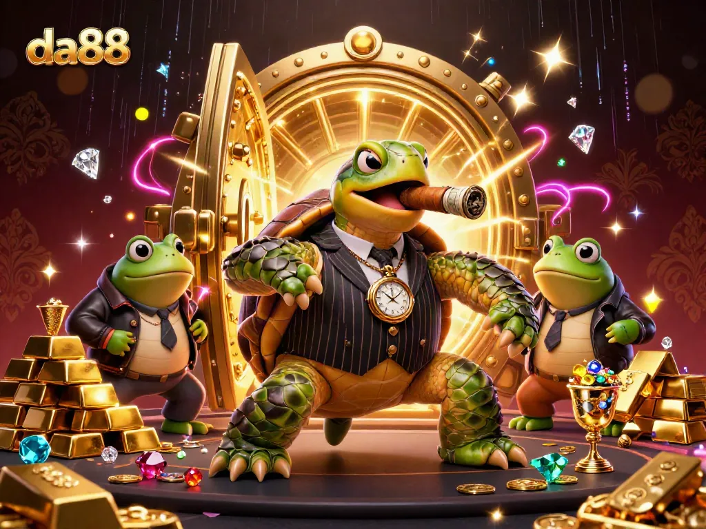 Engage in rich casino experiences with da88 featuring a lively scene of characters surrounded by golden treasures.